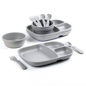 Re-Play Dinnerware Set Gray 12ct Set of 3 Divided Trays 12 oz Bowls Forks Spoons